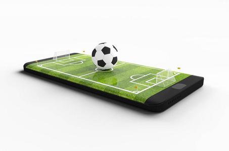 智能手机屏幕和球的足球场.网上机票销售的概念.3d 渲染照片